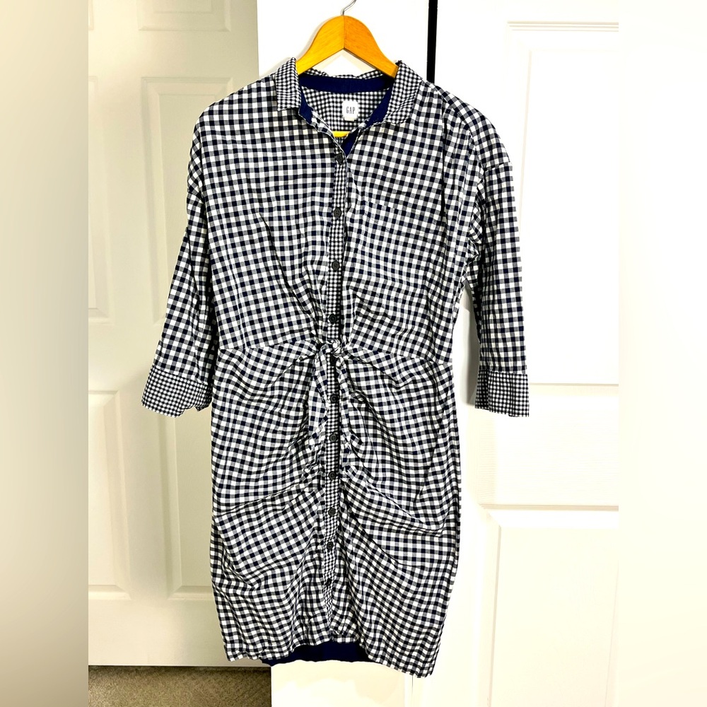 Gap Blue/White Gingham Button Up Shirt Dress Gathered w/Self Tie Size M